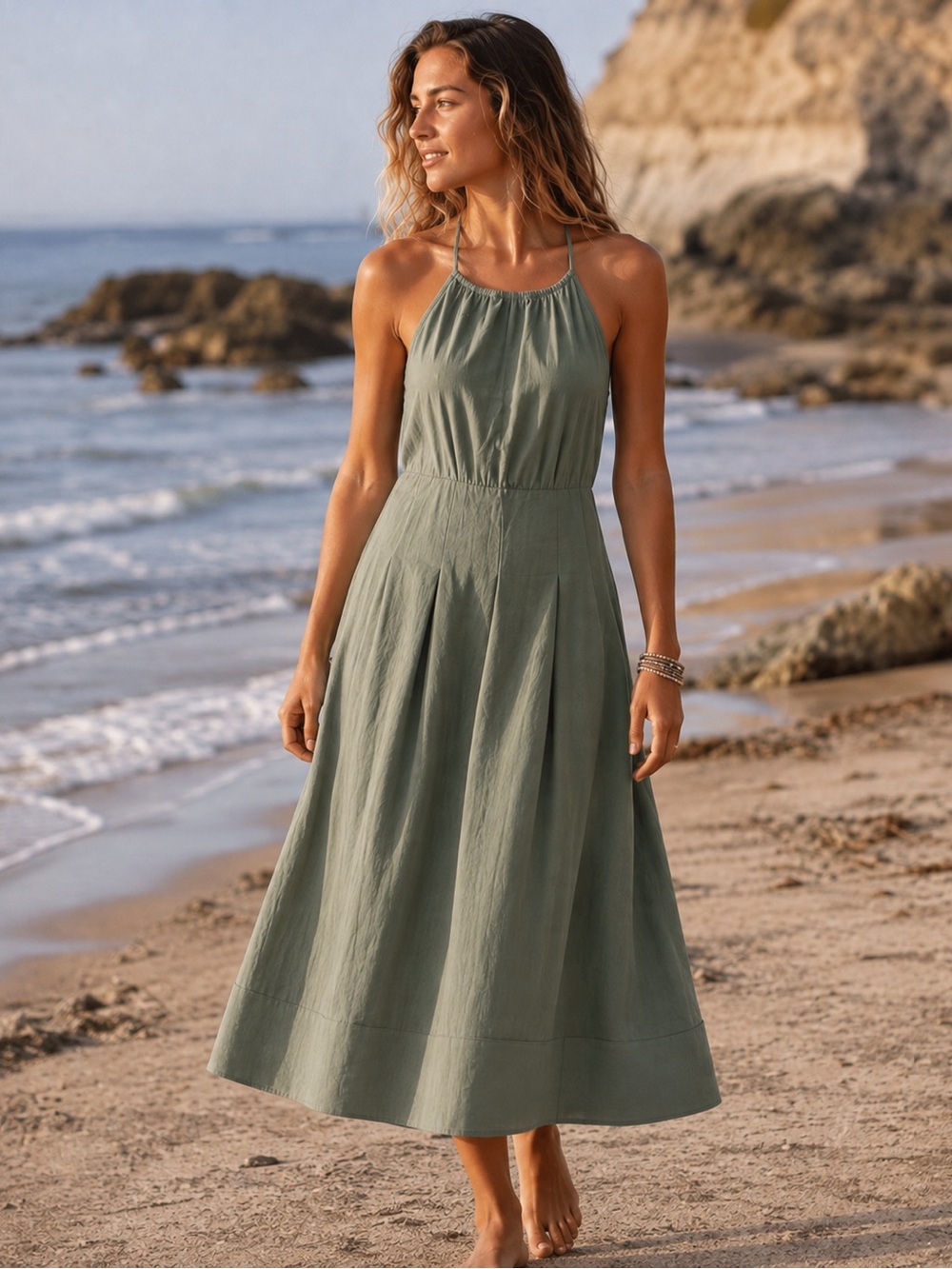 Free People Made For Me Halter Neck Midi Dress Green NEW